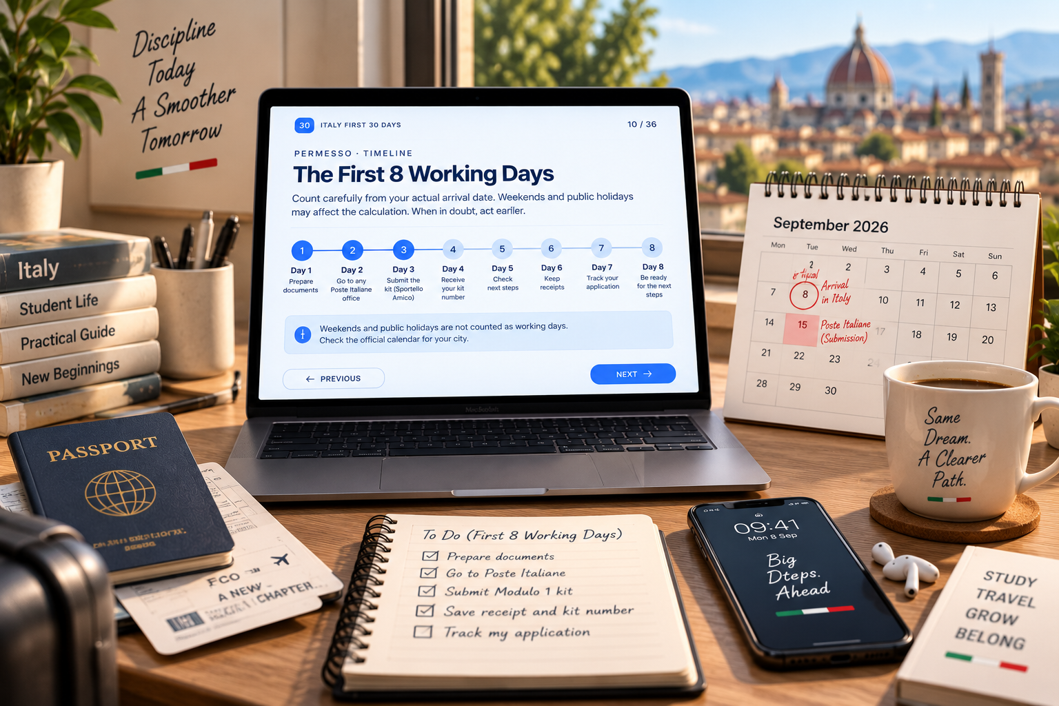 Day-by-day view of the first working days after arriving in Italy.