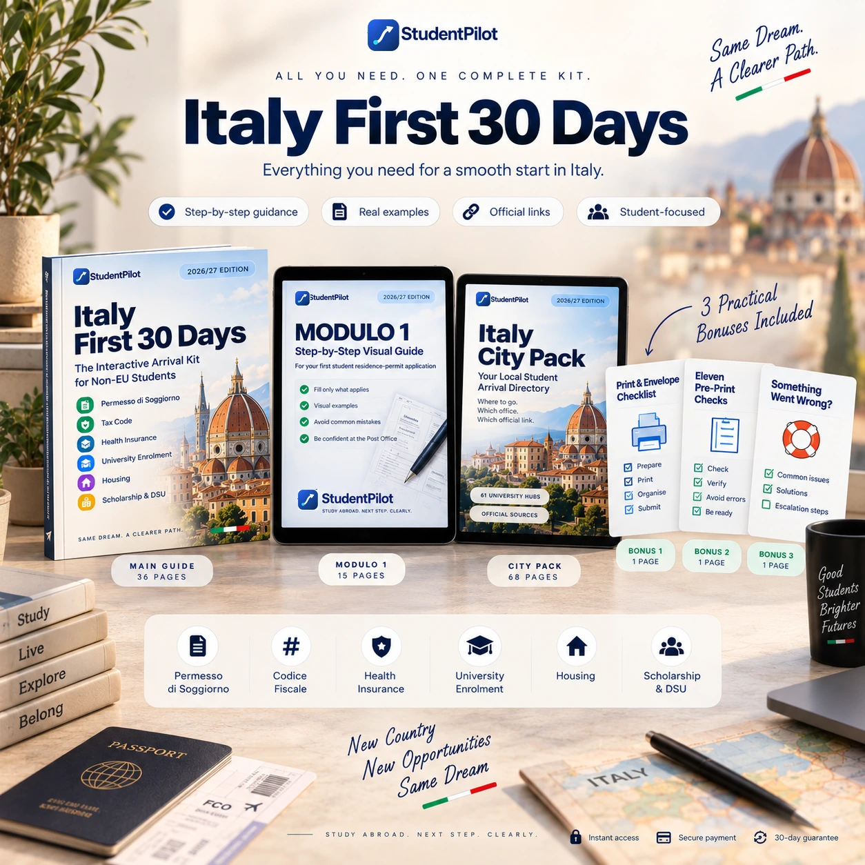 All components of the StudentPilot Italy Arrival Bundle shown together.