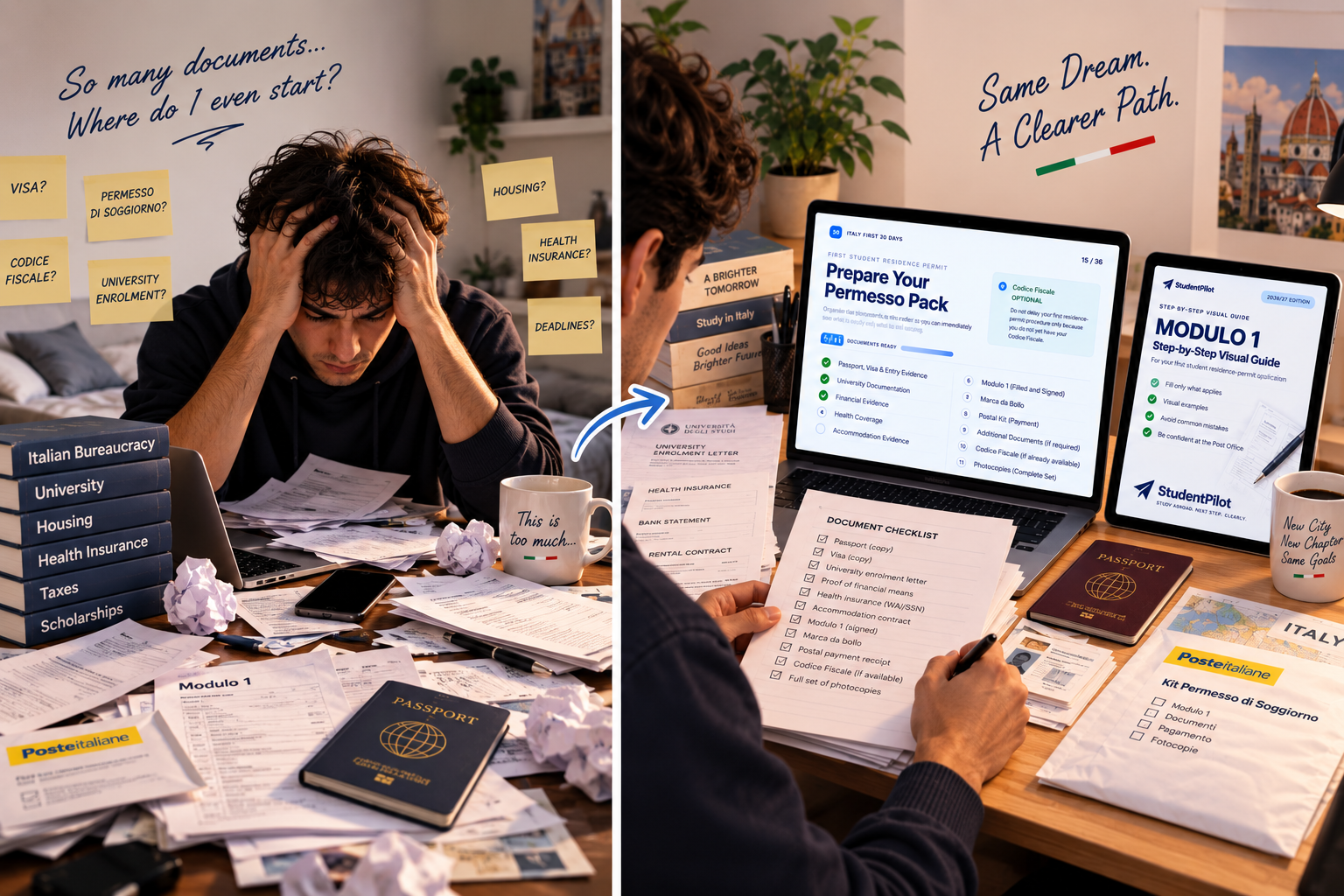 A student overwhelmed by Italian paperwork, then the same situation organised with StudentPilot.