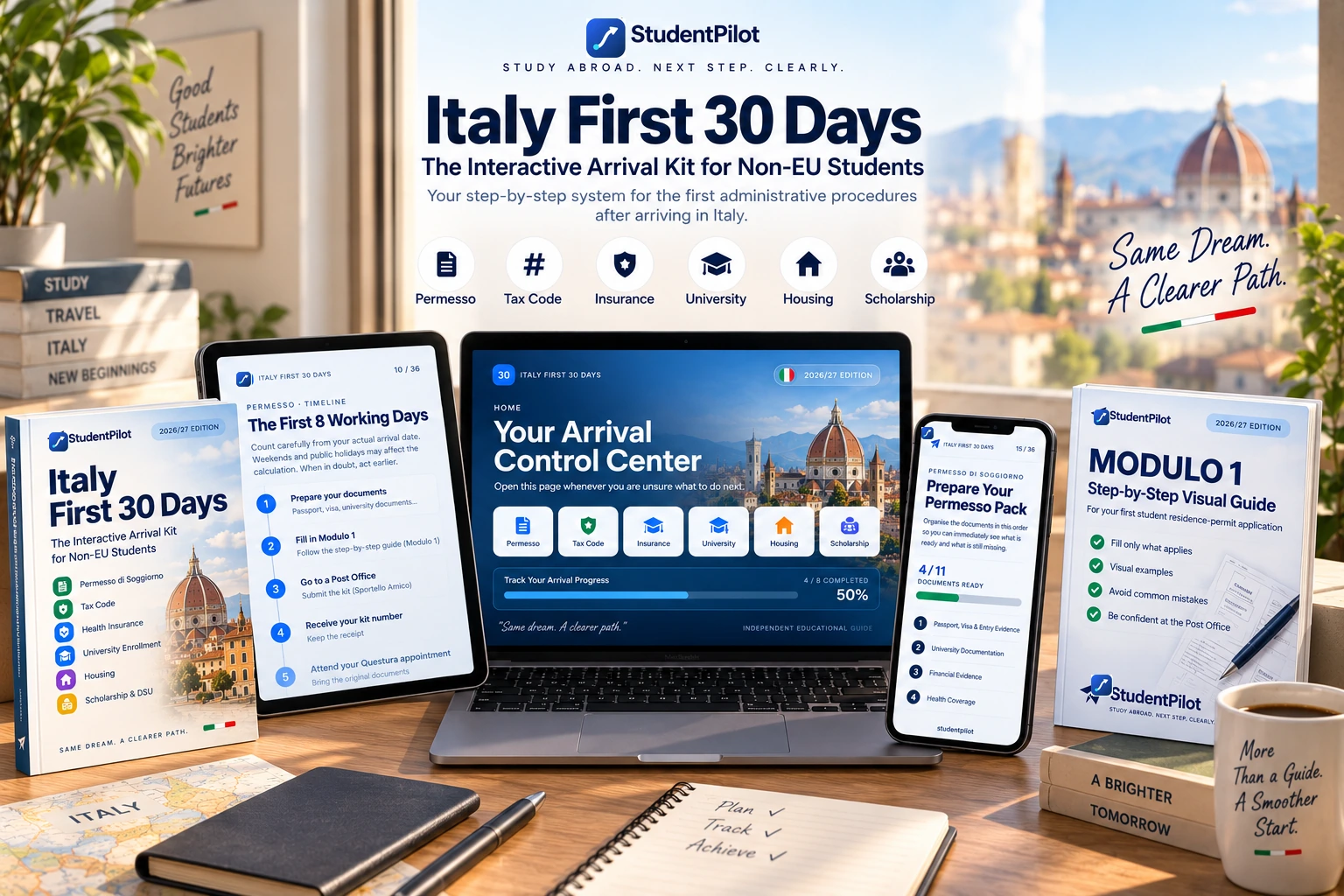 The three StudentPilot guides shown together: Italy First 30 Days, Modulo 1 and the Italy City Pack.