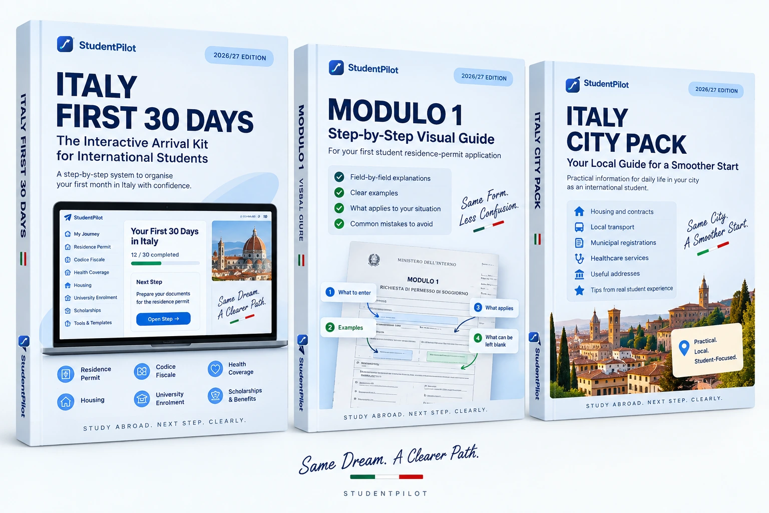 The three StudentPilot guides included: Italy First 30 Days, Modulo 1 — How to Fill It In and the Italy City Pack.